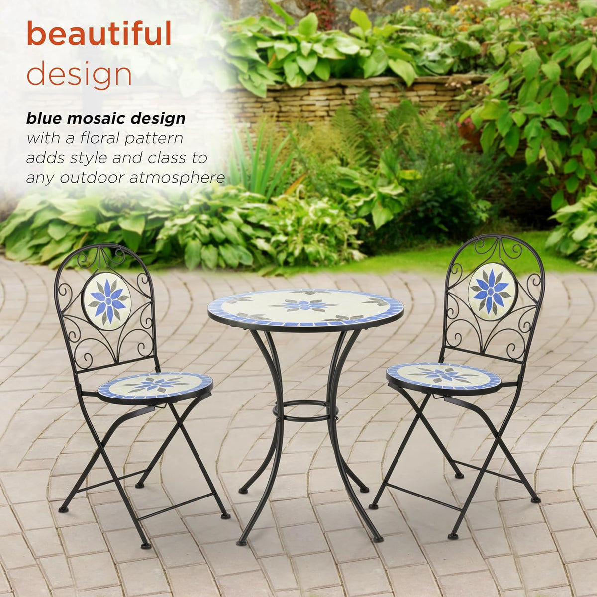 Alpine Corporation Blue and Beige Mosaic Bistro Set, 3-Piece