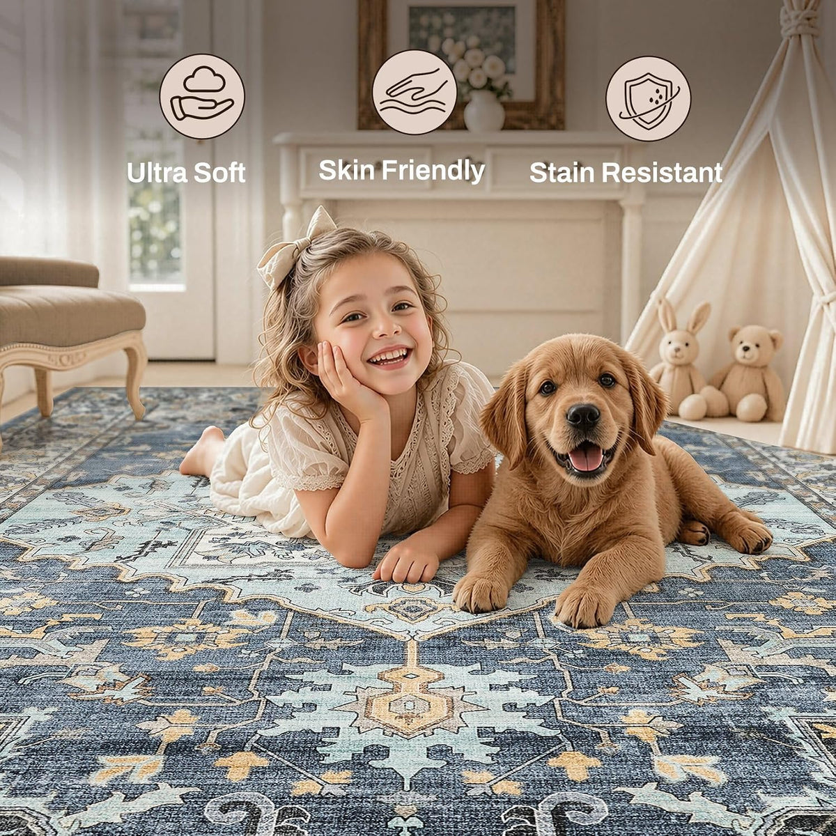 12x15 Area Rugs for Living Room: Washable Neutral Blue Yellow Rug