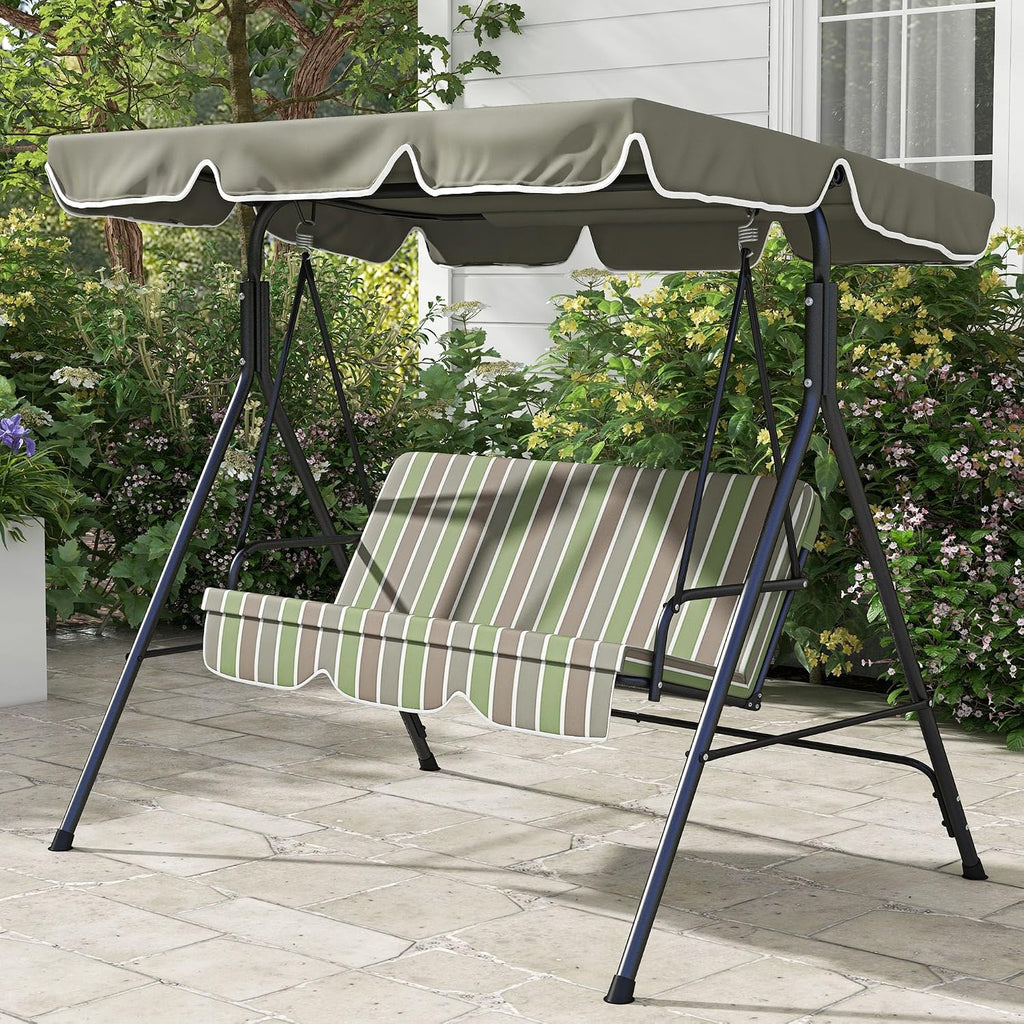 Outsunny 3-Person Porch Swing w/Stand Adjustable Tilt Canopy, Beige/Green