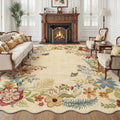 FMFUNCTEX 8x10 Washable Beige Floral Scalloped Area Rug for Living Room
