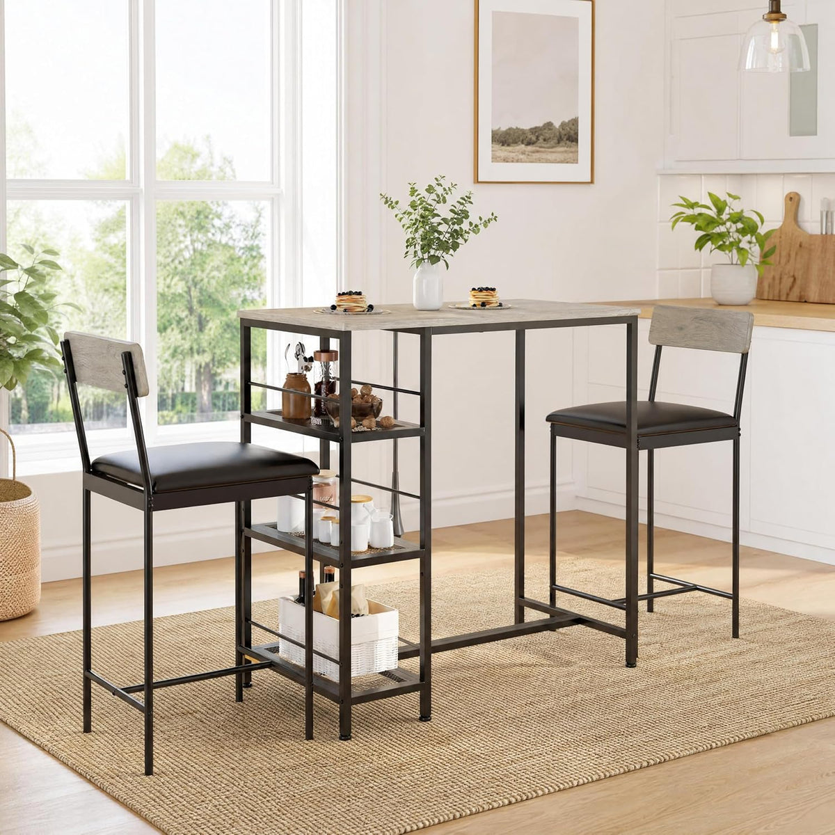 3-Piece Counter Height Dining Set for 2, Small Space Pub Table with 2 Upholstered High-Back Stools, Narrow Kitchen Bar Table with 3-Tier Storage Shelf, Industrial Dining Set for Breakfast Nook