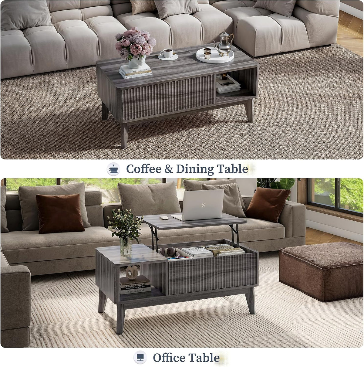 LYNCOHOME Fluted Lift Top Coffee Table with Storage,Modern Center Table for Living Room, Home Office（Grey）