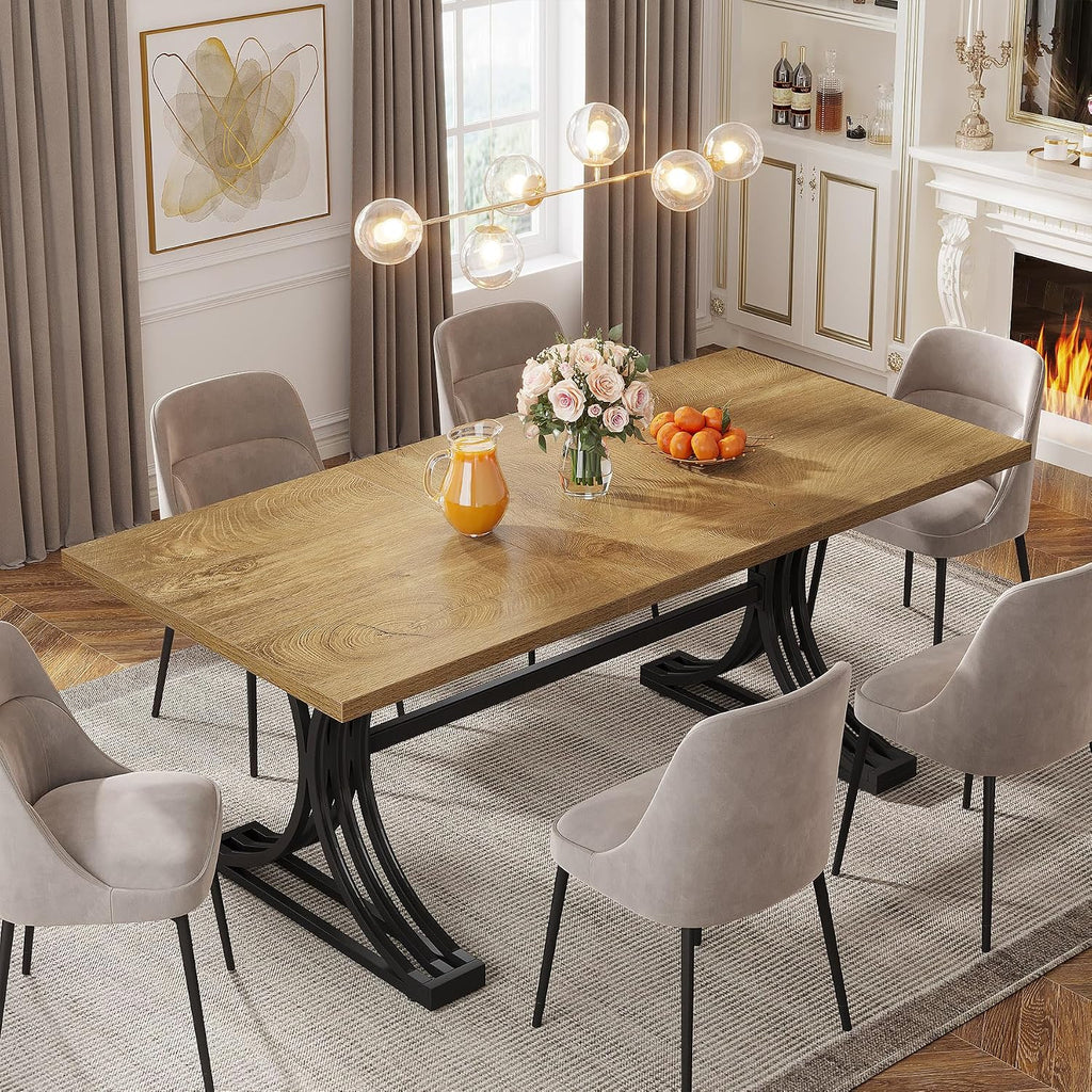 Tribesigns 63-Inch Rectangular Dining Table for 4 to 6, Modern Kitchen Table with Stylish Metal Trestle Legs, Large Dinner Table for Dining Room, Chair Not Included (Brown+Black)