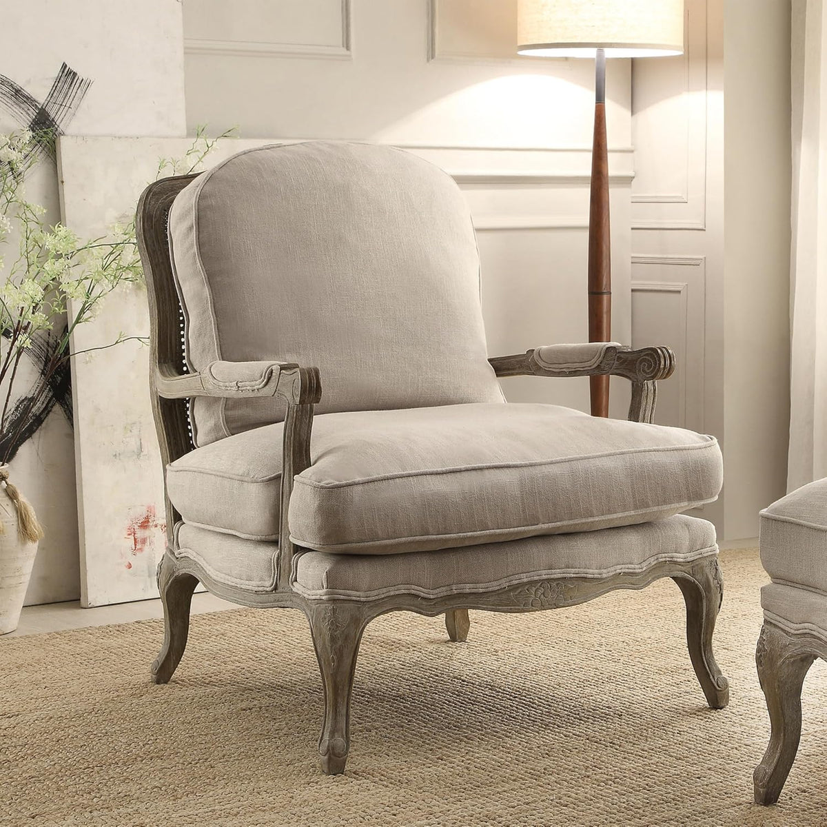 Lexicon French Country Wood Accent Chair, Carved Frame, Neutral