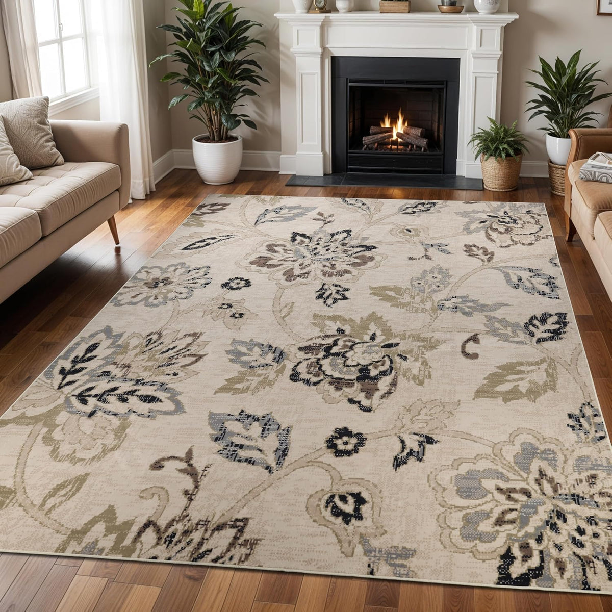 superior indoor large area rug, modern floral decor, side view