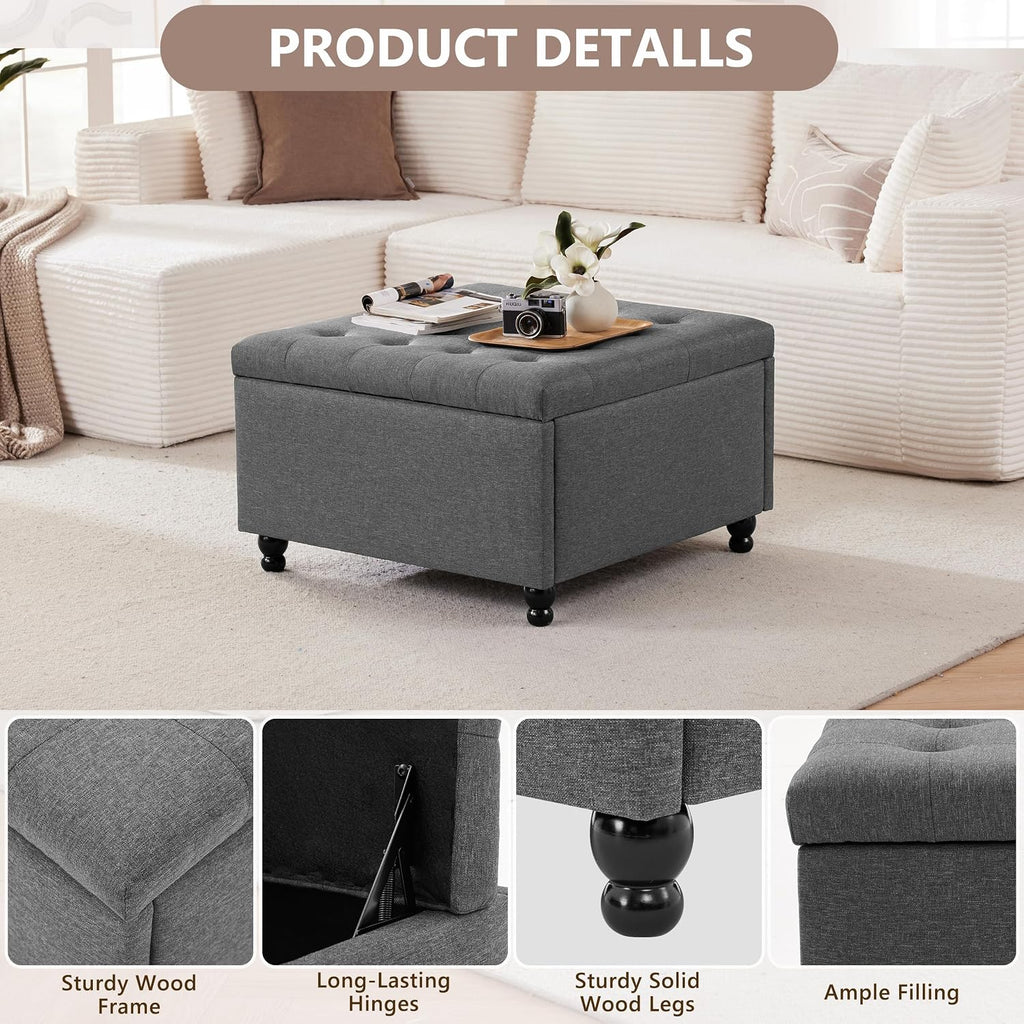 30" Large Square Ottoman with Storage, Fabric Ottoman Coffee Table, Grey