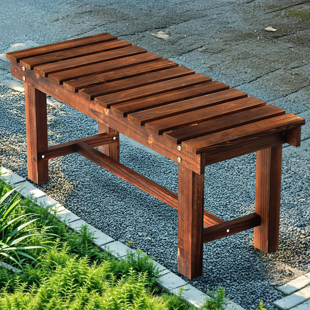 35.5" Outdoor Garden Bench,Weatherproof 2-Person Wood Backless Bench, Brown