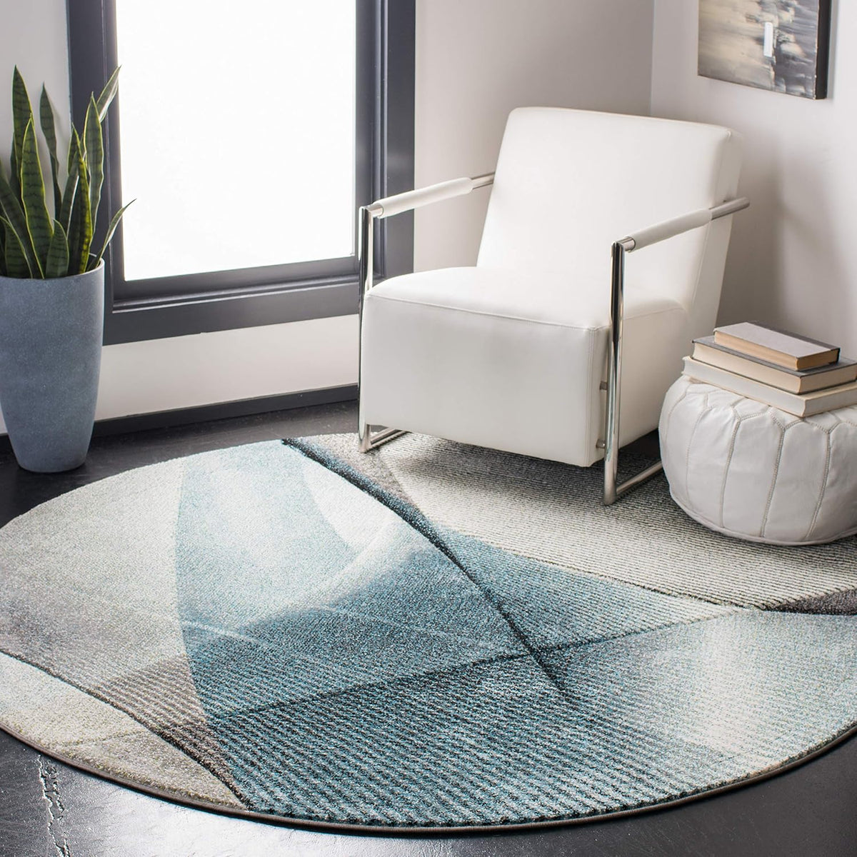 SAFAVIEH Hollywood Collection Area Rug - 9' Round, Grey & Teal, Mid-Century Modern Design, Non-Shedding & Easy Care, Ideal for High Traffic Areas in Living Room, Bedroom (HLW715D)