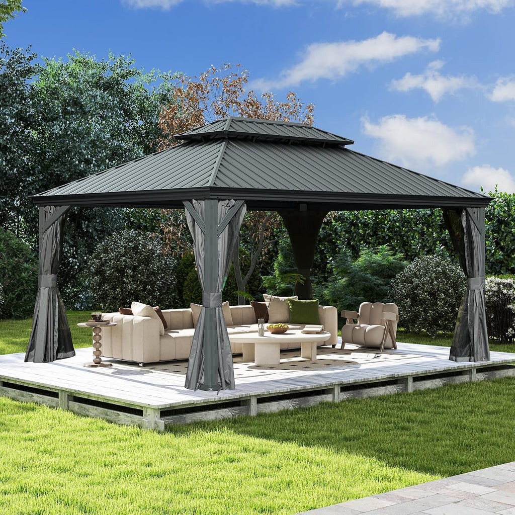 Domi 10'X14' Gazebo, Hardtop Gazebo for Patio with Drainage System, Gray