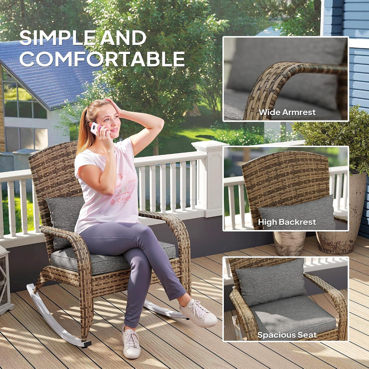 Outsunny Outdoor Wicker Adirondack Rocking Chair High Back Gray