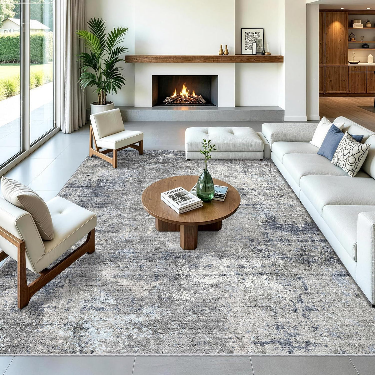 10x14 Area Rug for Living Room, Washable Modern Abstract Rug, Blue Grey