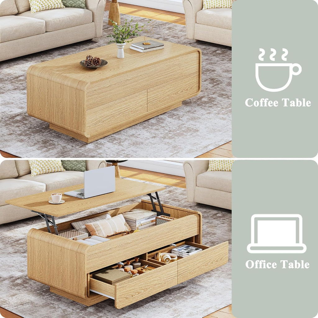 HUAHUU Lift Top Coffee Table with Storage, 2-Tier Center Table with 2 Drawers, Curved Profile Design, Wooden Rectangular Living Room Table, Modern Coffee Table for Living Room, Office, Natural Oak