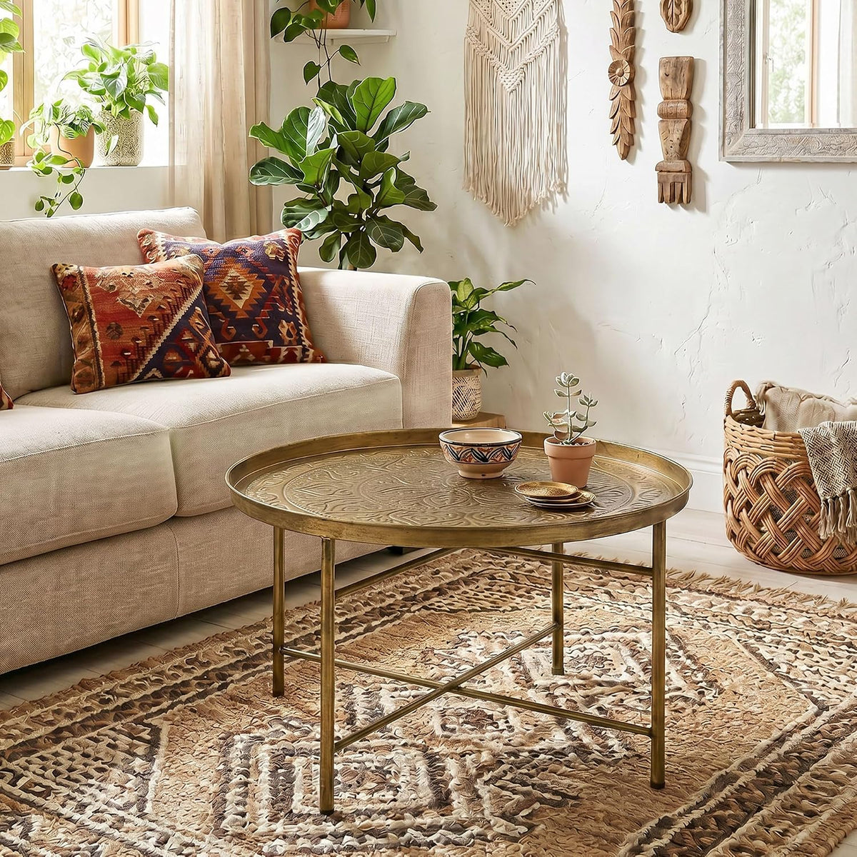 HOMCOM 24" Hammered Round Coffee Table Vintage Metal Side Table Gold