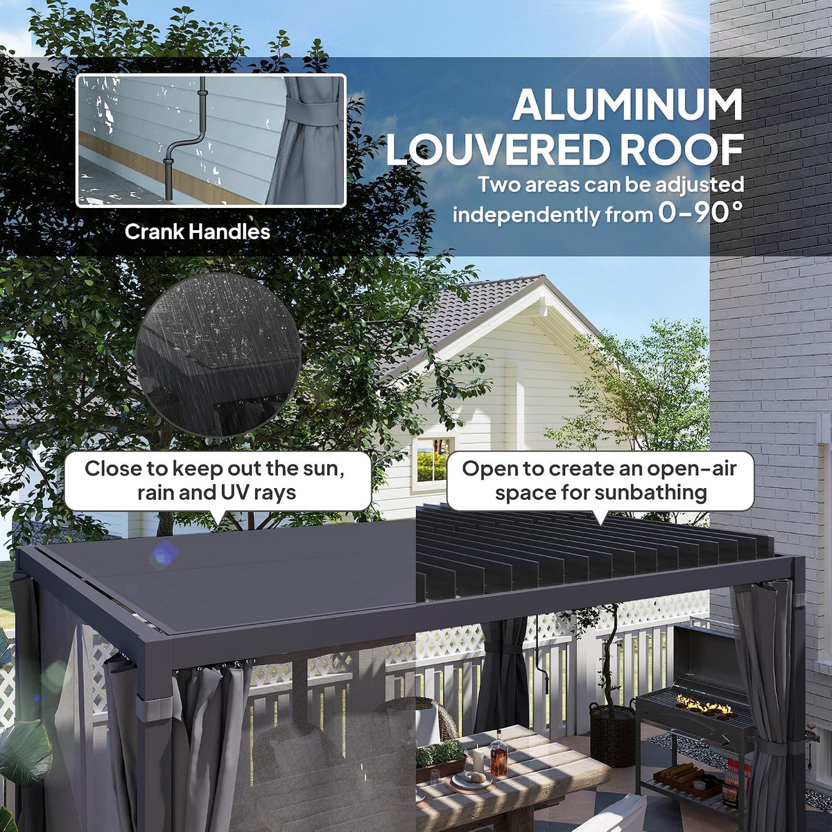 Outsunny 10 x 13 ft. Louvered Pergola Hardtop Gazebo w/Curtains Dark Gray