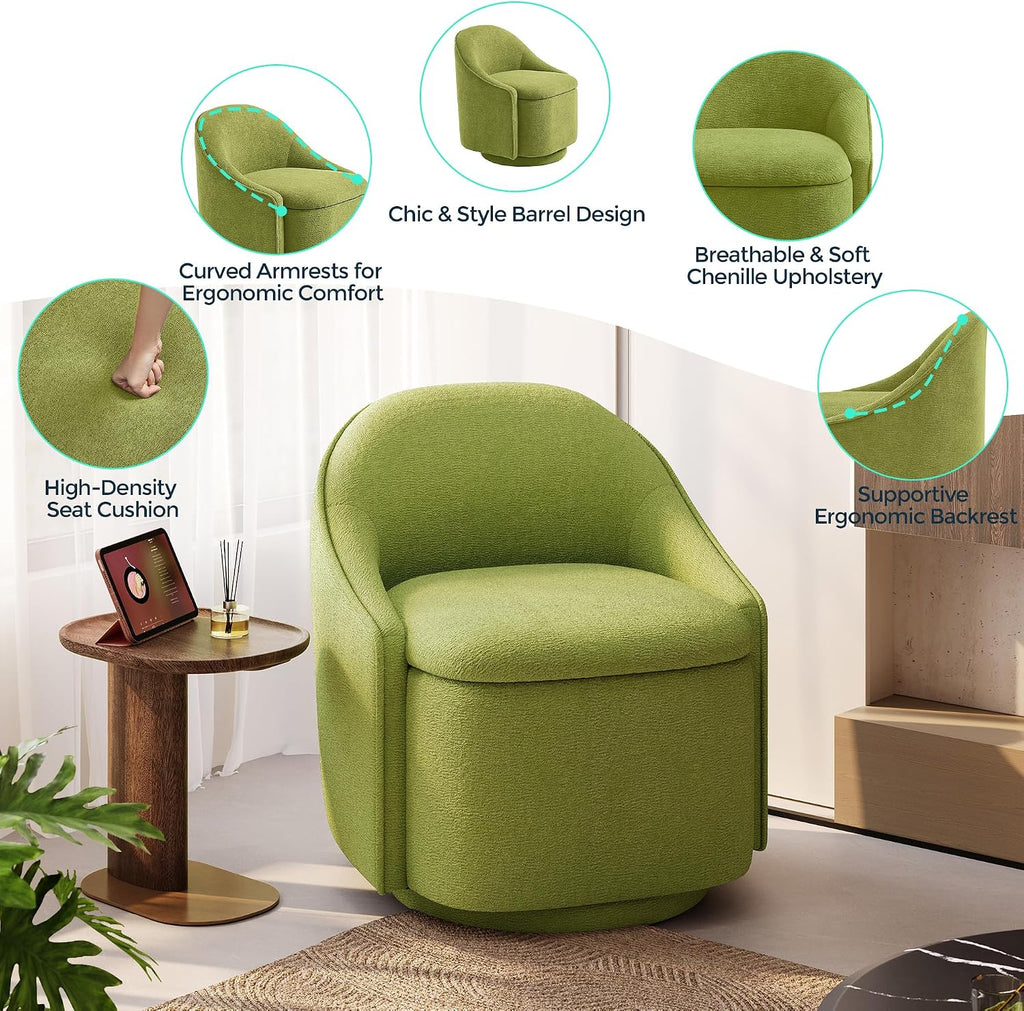 LINSY Swivel Accent Chair with Storage Comfy Chenille Barrel Chairs, Small 360 Swivel Modern Armchair for Living Room Bedroom, Boucle Reading Chair for Study Room (Green)