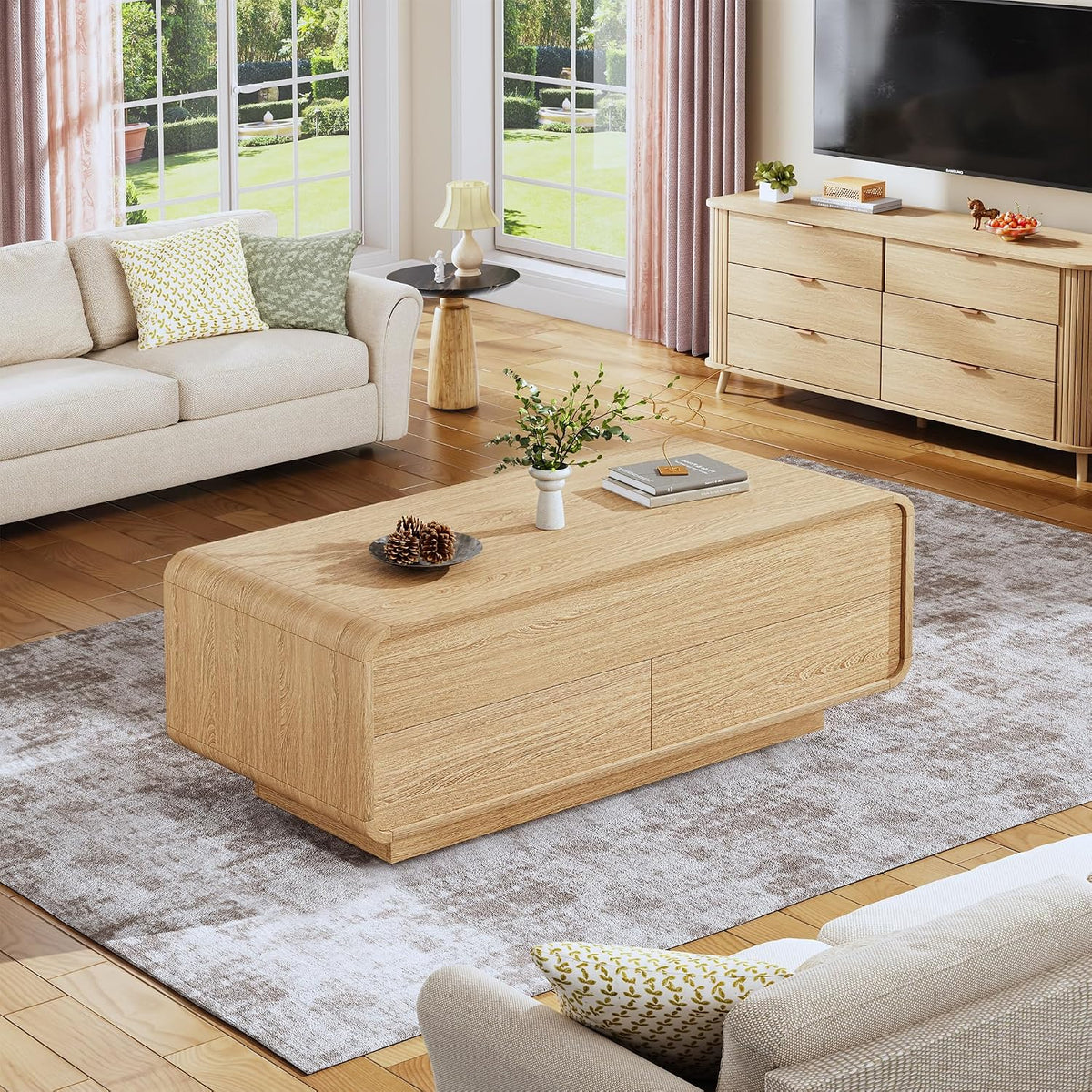 HUAHUU Lift Top Coffee Table with Storage, 2-Tier Center Table with 2 Drawers, Curved Profile Design, Wooden Rectangular Living Room Table, Modern Coffee Table for Living Room, Office, Natural Oak