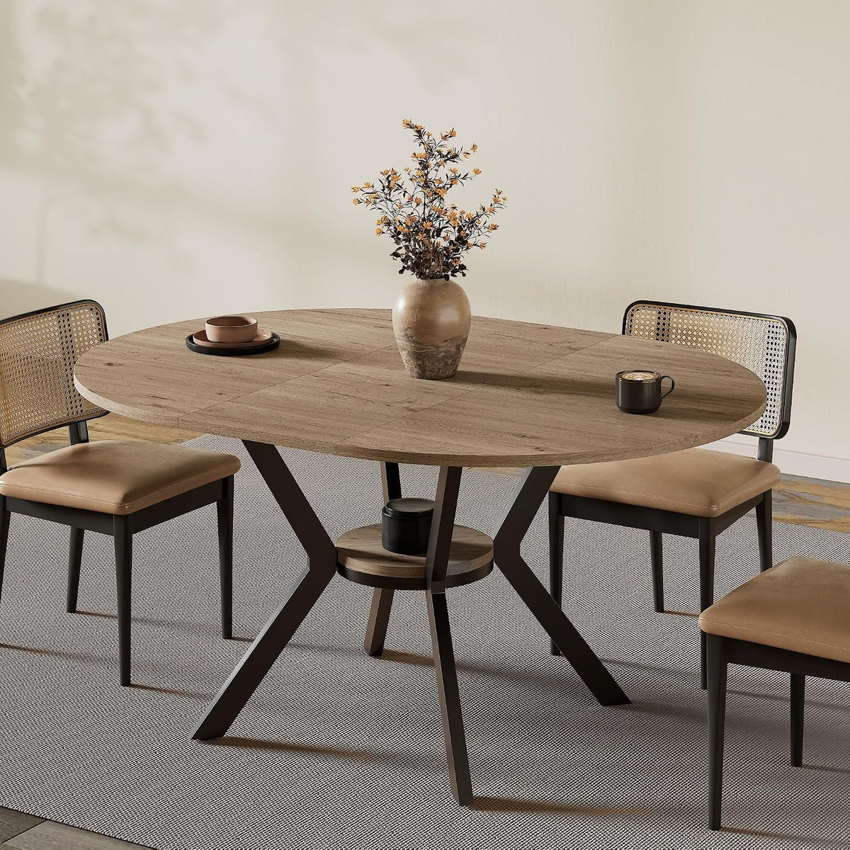 42"-58" Extendable Round Dining Table for 4-6, Kitchen Oval Table with Built-in Flip Leaf & Storage Shelf, Space Saving Modern Design with Sturdy Metal Legs for Kitchen, Living Room & Small Apartments