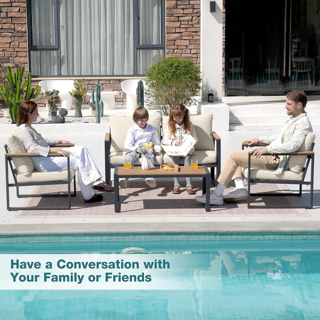 4 Pieces Metal Patio Furniture Set for Outdoor Balcony, Beige