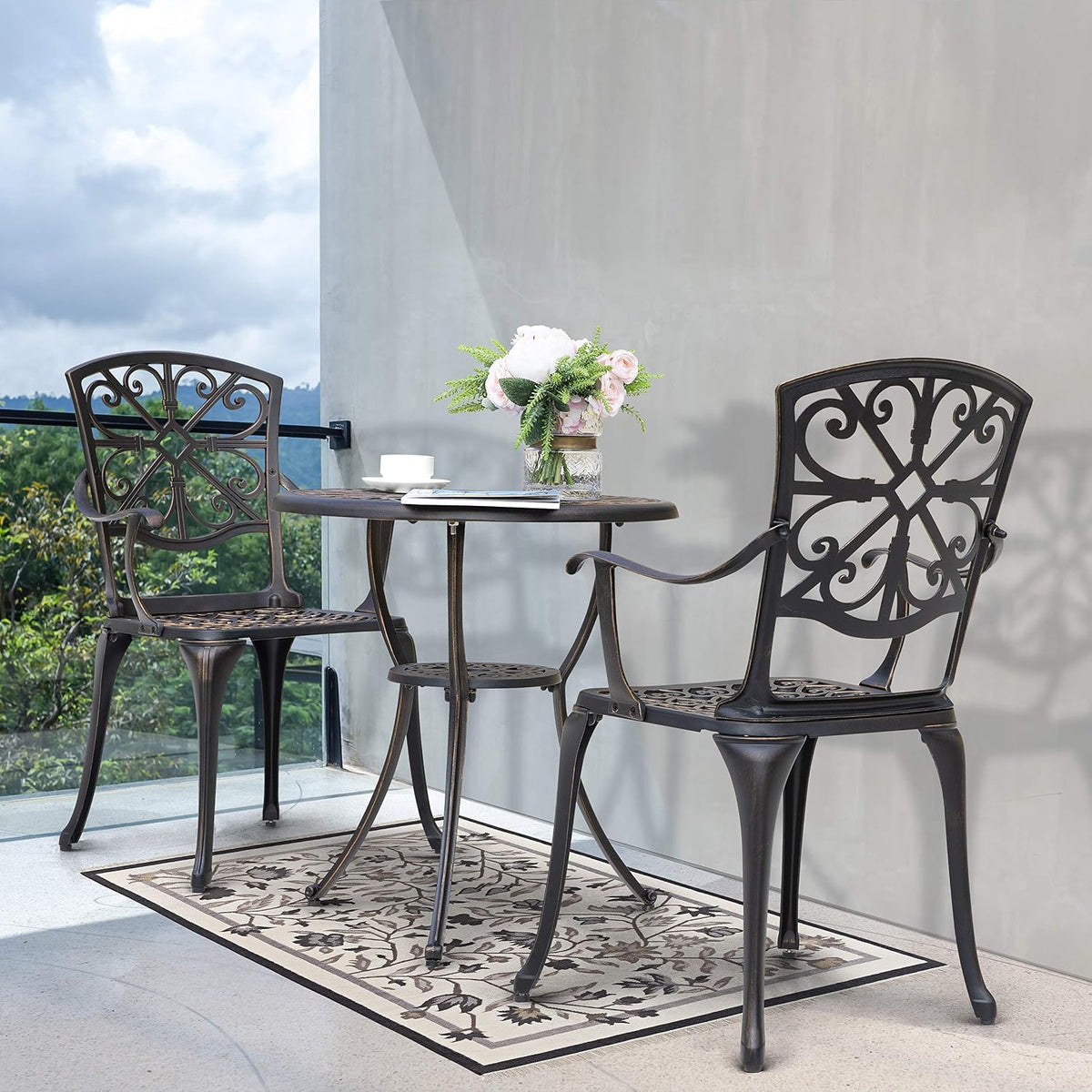 NUU GARDEN 3 Piece Outdoor Bistro Set Cast Aluminum Bistro Table Set Patio Table and Chairs with Umbrella Hole for Backyard, Balcony, Front Porch, Black