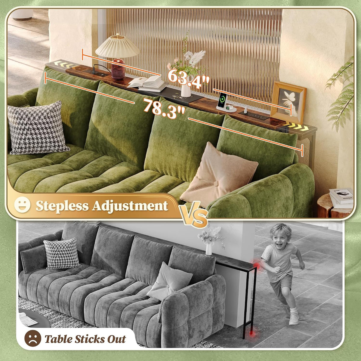 Huuger 63.4-78.3'' Extendable Behind Couch Table with Outlets, Rustic Brown