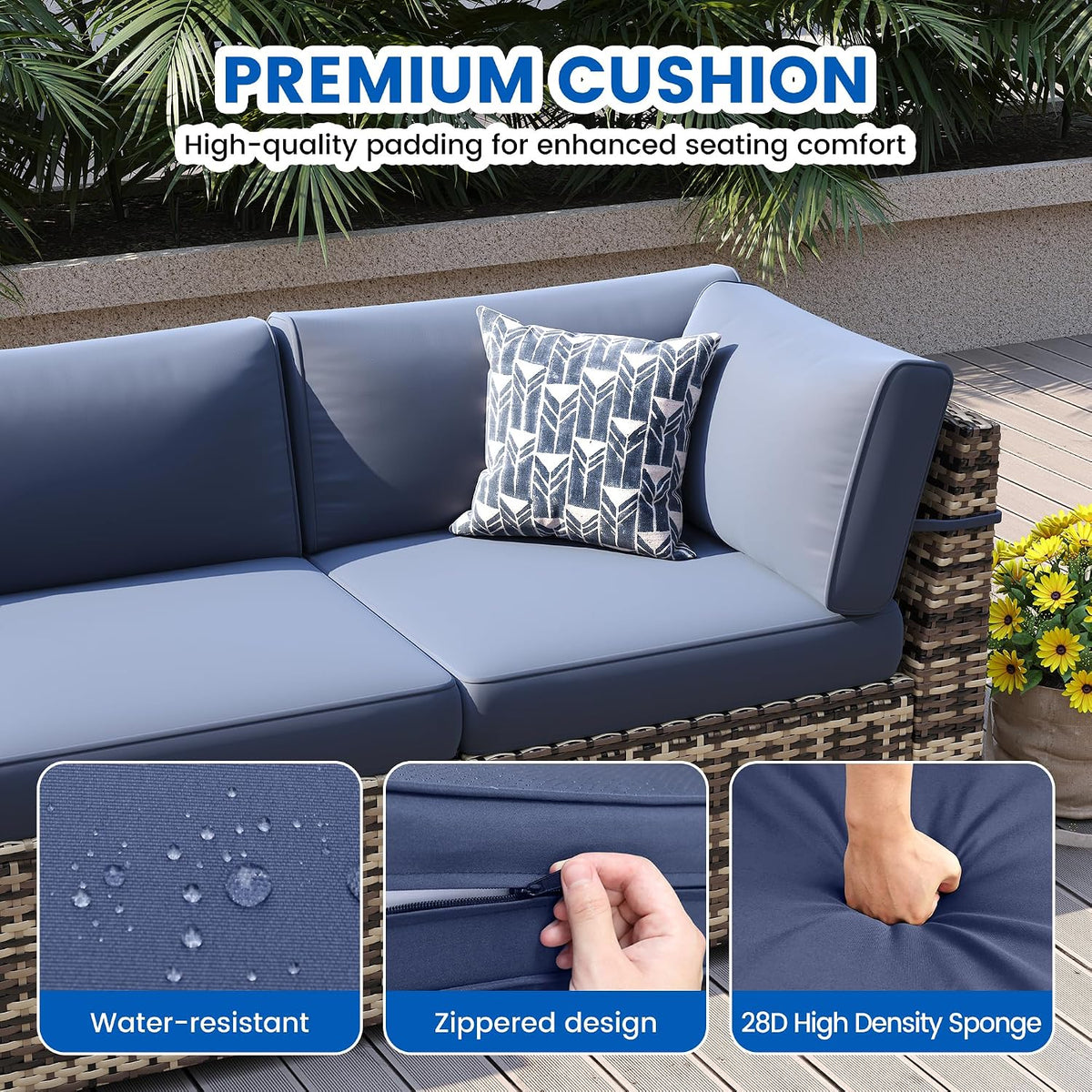 8-Piece Patio Furniture Set with 44” Fire Pit Table - All-Weather Wicker Conversation Sectional Sofa & Coffee Table with Thickened Cushions for Backyard, Garden(Navy Blue)