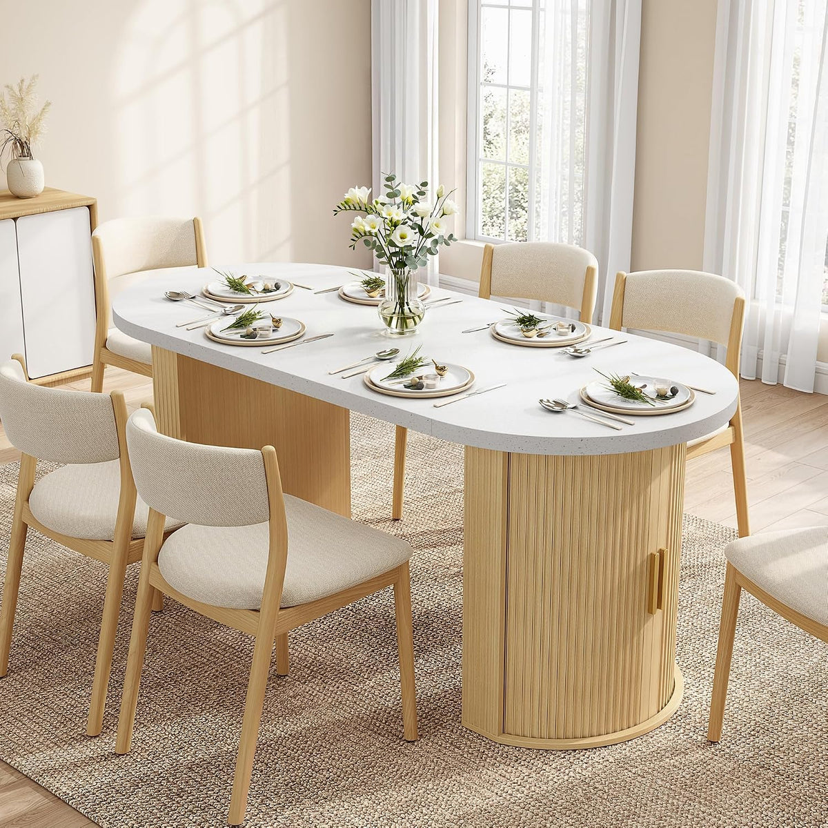 IRONCK 71" Oval Dining Table with Hidden Storage, Oak
