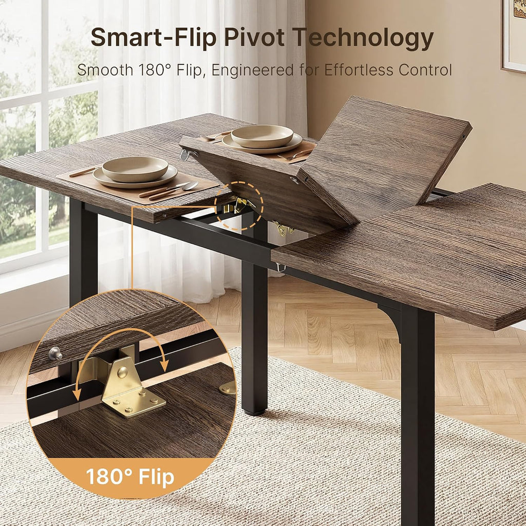 Ahomly 63“ Extendable Dining Table Set with 180° Smart-Flip Pivot, Gray