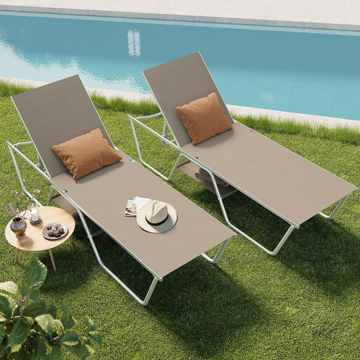 PHI VILLA 78" Oversized Outdoor Chaise Lounge Chair Set of 2, 27" Extra Wide, 5-Position Adjustable, UV50+ Textilene Mesh, Rust-Proof Frame, Brown