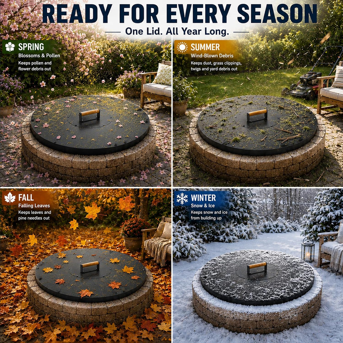 34 in Round Fire Pit Lid, 1.5 mm Steel Cover with Wooden Handle