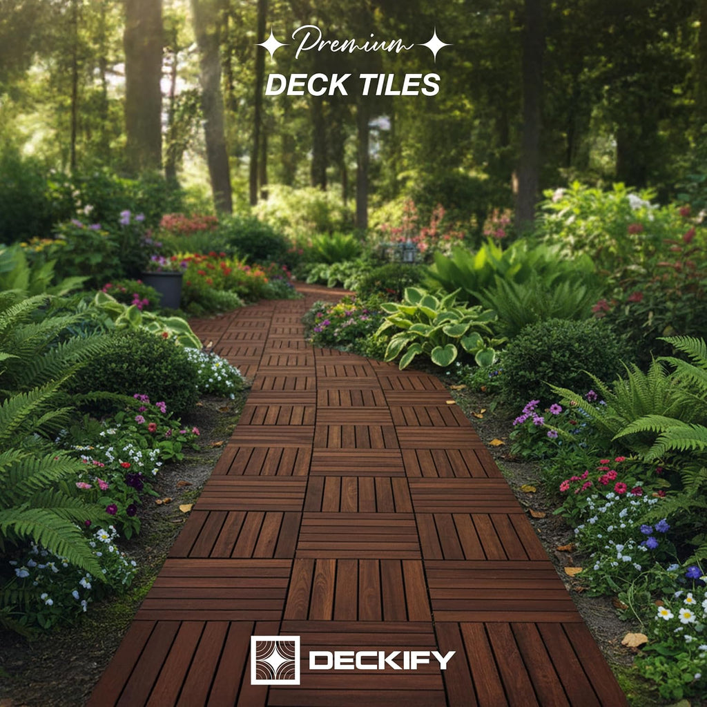 9-Piece Acacia Wood Interlocking Deck Tiles, Dark Brown Striped