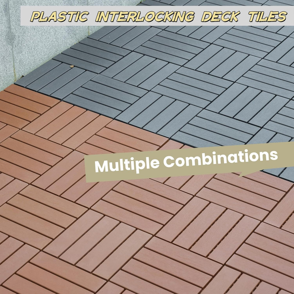 44 Sq. ft Plastic Interlocking Deck Tiles, ACIDBOLT 44 PCS 12" x 12" Patio Waterproof Indoor Outdoor Flooring All Weather Use, Patio Floor Decking Tiles for Porch Poolside Balcony Backyard, Gray