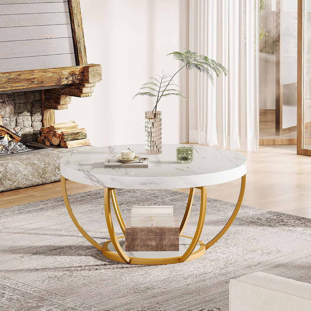Tribesigns White and Gold Round Coffee Table, 31.7" Living Room Table