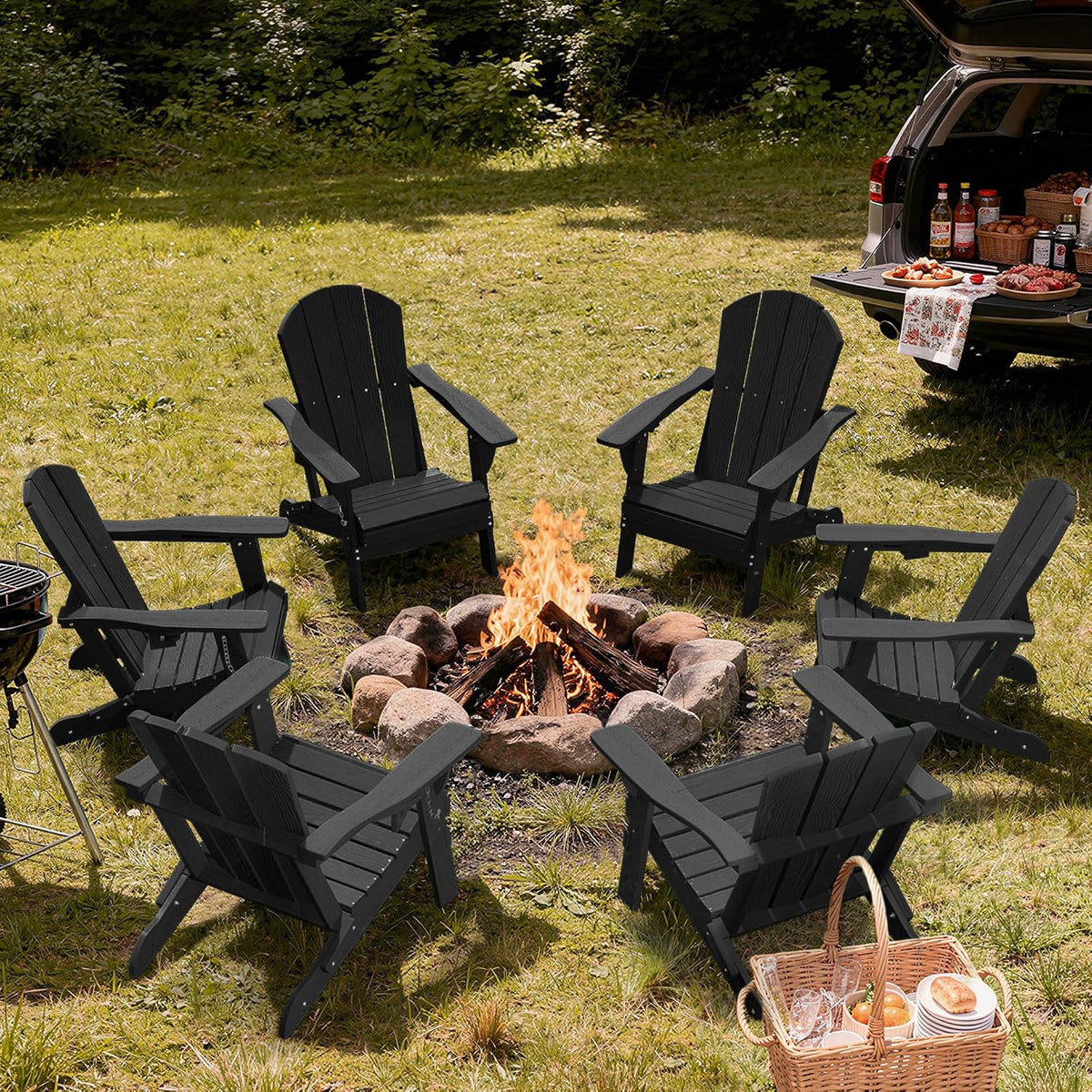 AreShark HDPE Folding Adirondack Chair with Cup Holder, Set of 2, Black