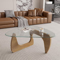 Modern Glass Coffee Table, Triangle Center Table with Tempered Glass Top& Unique Wooden Base, 35.5” Mid Century Tea Tables for Living Room, Apartment, Office,Wood &Transparent