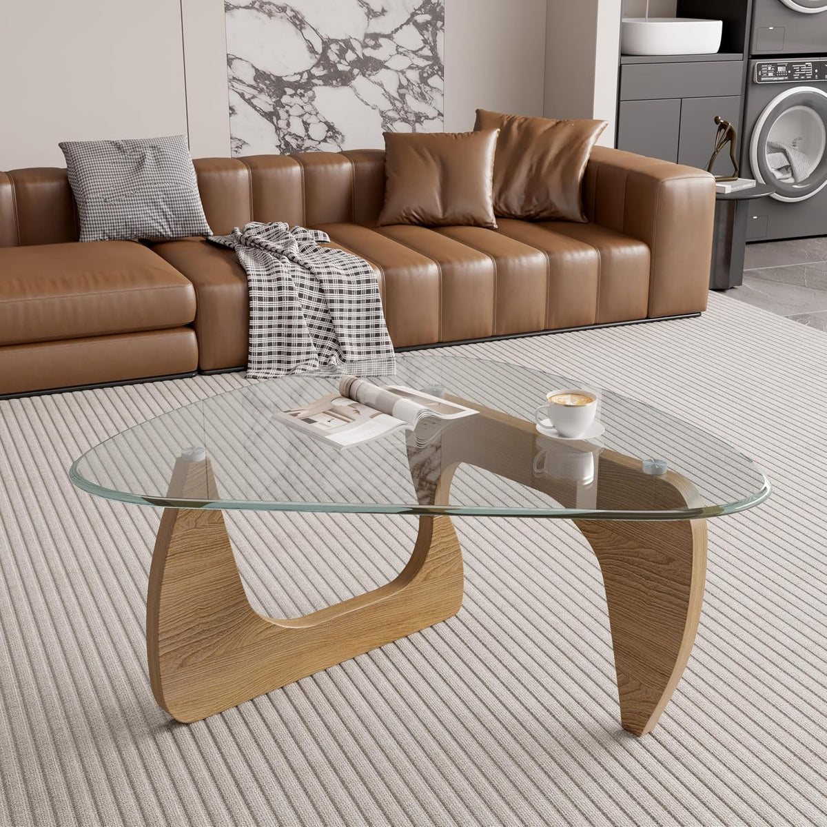 Modern Glass Coffee Table, Triangle Center Table with Tempered Glass Top& Unique Wooden Base, 35.5” Mid Century Tea Tables for Living Room, Apartment, Office,Wood &Transparent