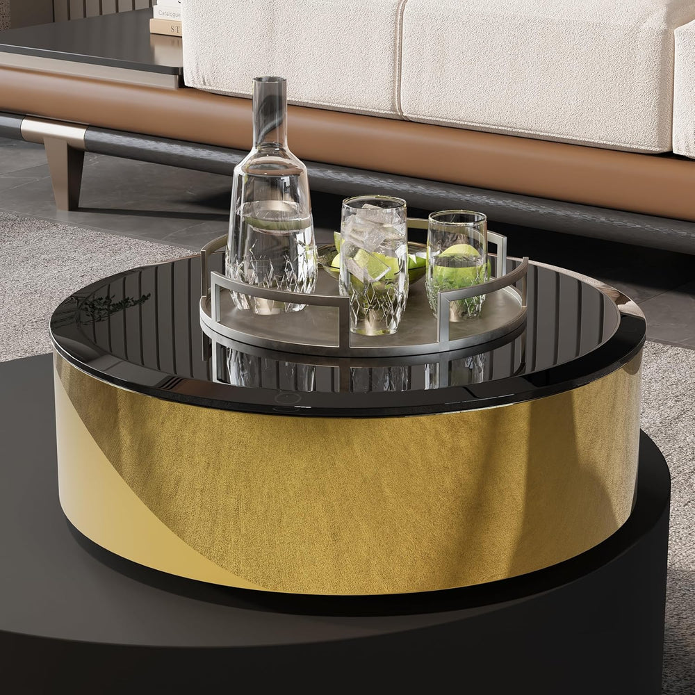 Asday Black Gold Round Swivel Coffee Table, 2 Tiers Rotating Center Table