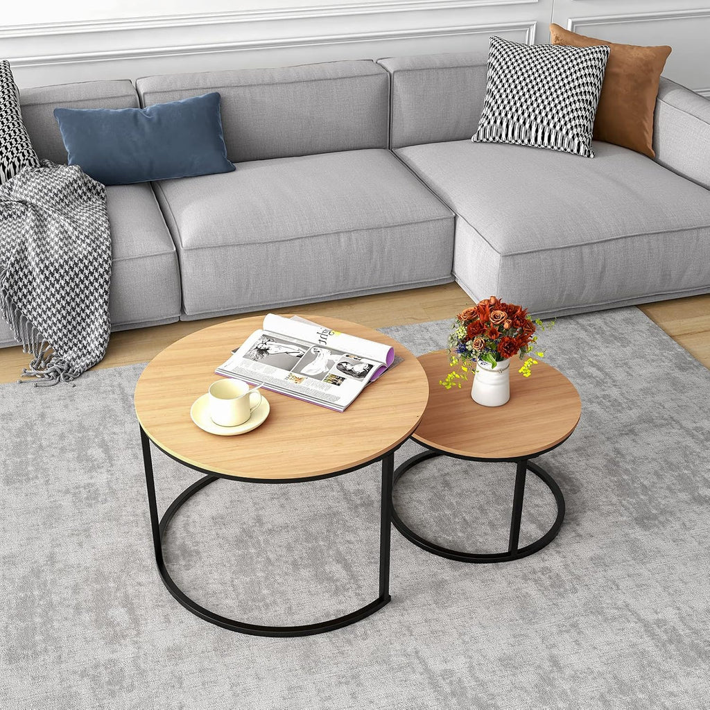 HOJINLINERO Round Nesting Coffee Table Set of 2,Cocktail Table,Large,Oak