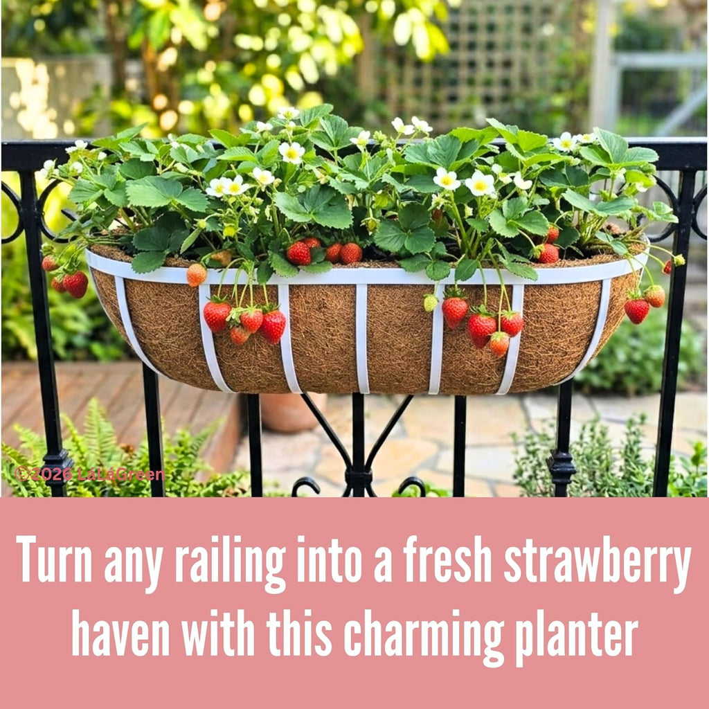 LaLaGreen Deck Railing Planter Boxes (2 Pack, 30") White Metal Rectangular Window Flower Box with Coco Liner, Large Wall Hanging Planter for Outdoor Plants Balcony Fence Deck Rail Porch Patio Garden