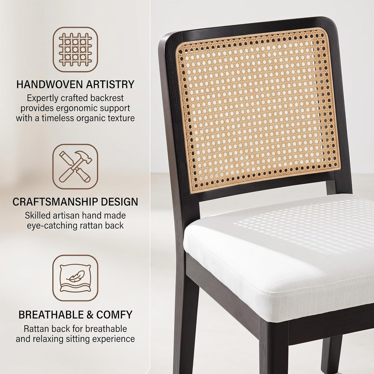 HNY Modern Farmhouse Rattan Dining Chairs Set of 6, Beige Linen Upholstered Dining Room Chair with Cane Back Mid Century Black Wooden Kitchen Chairs, Boho Accent Wicker Woven Chairs for Living Room