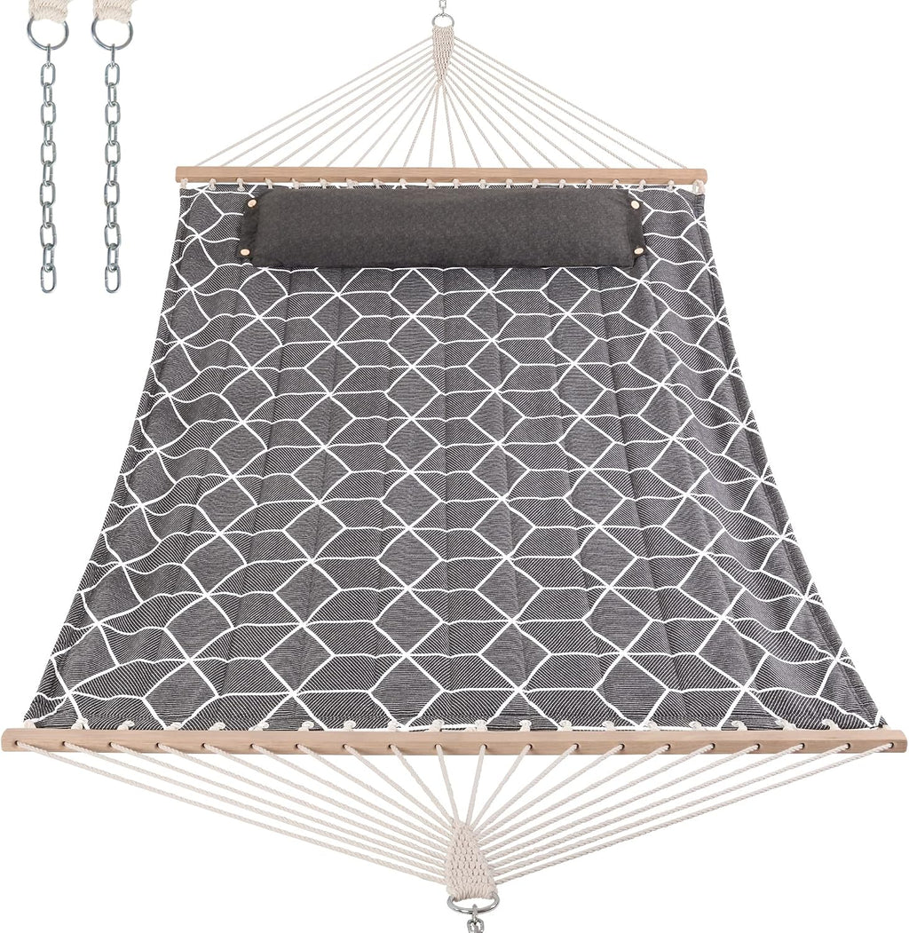 ANOW Double Quilted Hammock with Spreader Bars and Large Pillow, Gray Cube