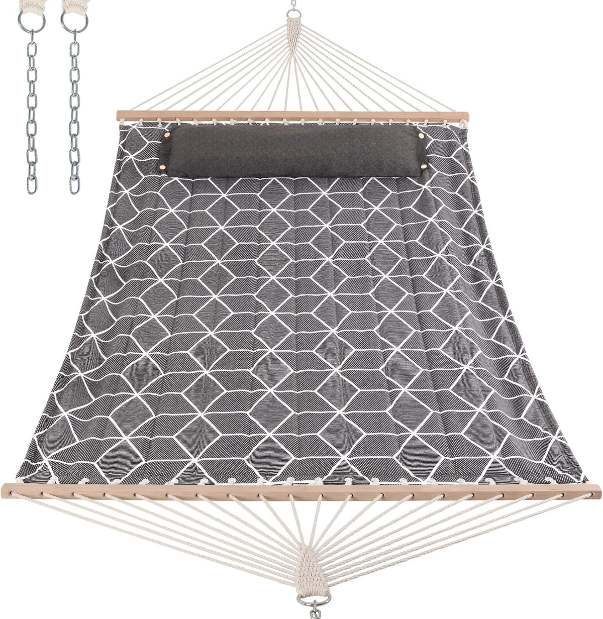 ANOW Double Quilted Hammock with Spreader Bars and Large Pillow, Gray Cube