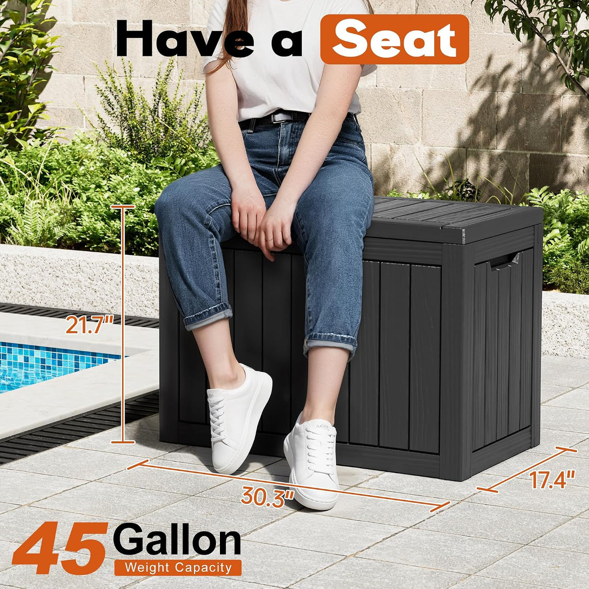 Outdoor Deck Storage Box,Resin Deck Boxes Indoor and outdoor, Waterproof Storage Box Lockable Lid (Black,45 Gallon)