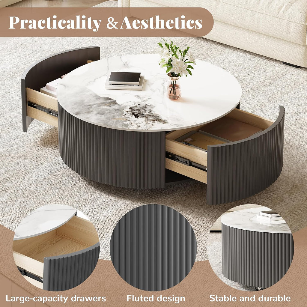 Round Coffee Table with Storage, Modern Movable Coffee Table with Marble Patter Sintered Stone Top and Wheels, Grey