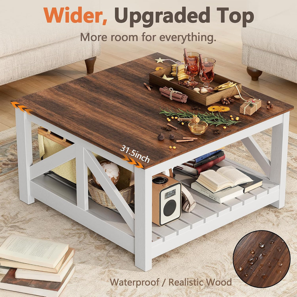 YESHOMY 31.5" Square Farmhouse Coffee Table with Storage, Brown and White