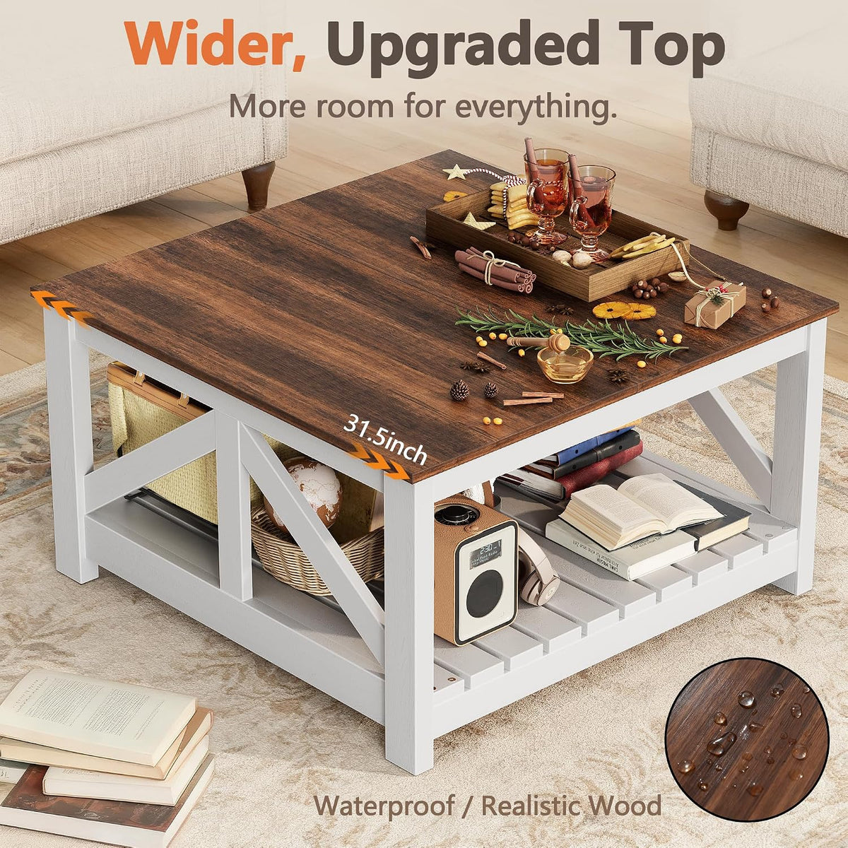 YESHOMY 31.5" Square Farmhouse Coffee Table with Storage, Brown and White