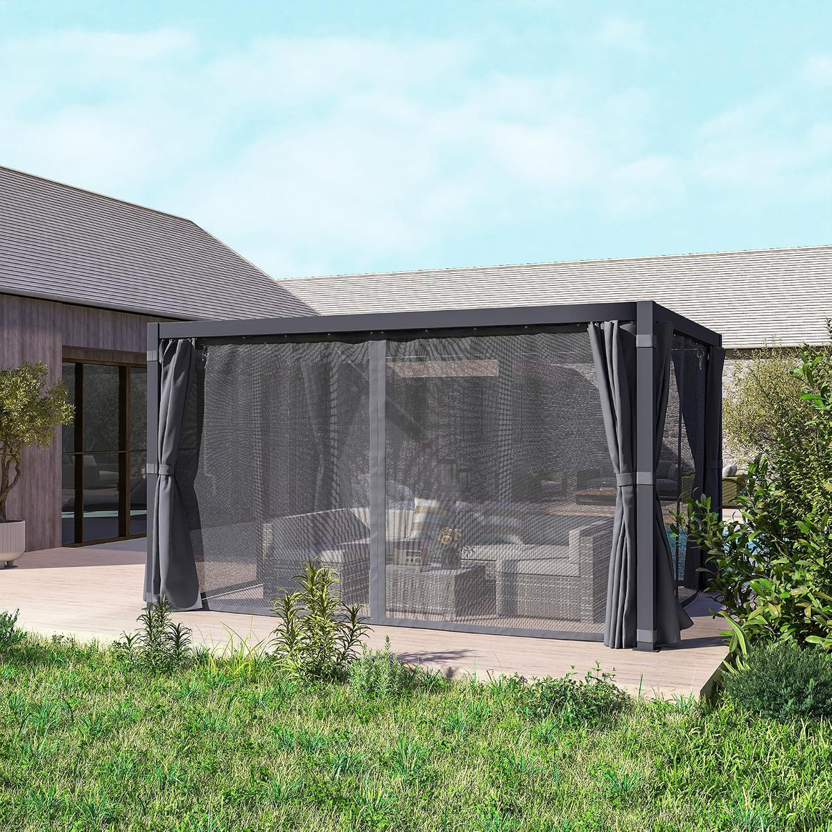 Outsunny 10 x 13 ft. Louvered Pergola Hardtop Gazebo w/Curtains Dark Gray