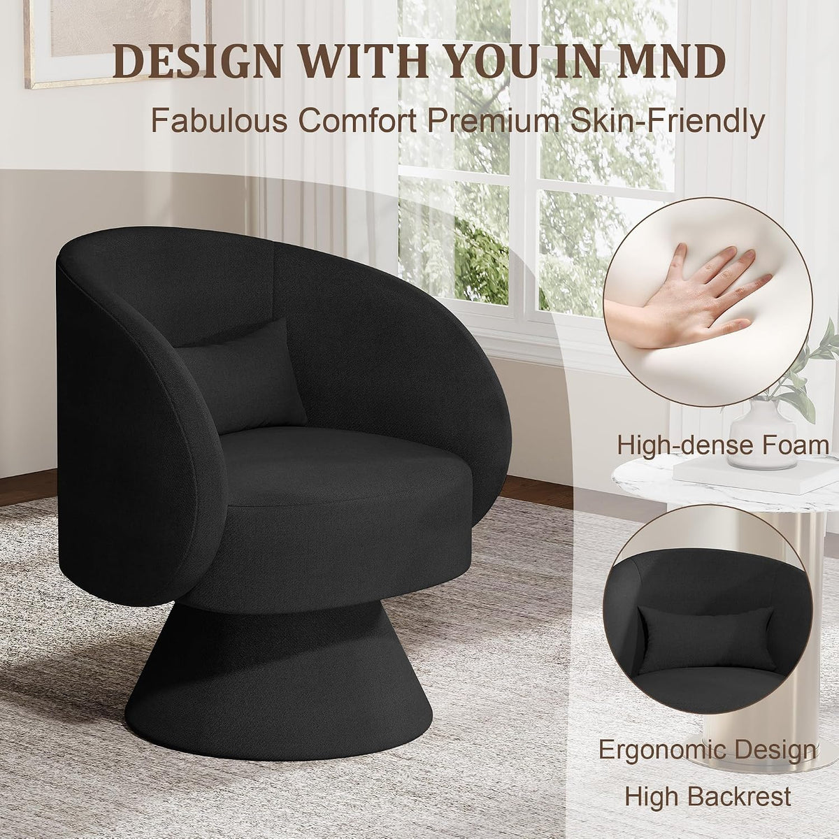 Swivel Barrel Chair Set , 360 Degree Small Accent Vanity Chair, Linen Black