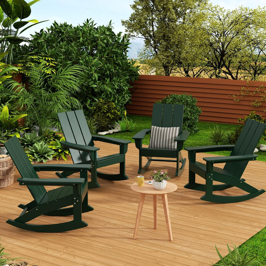 WestinTrends Ashore Patio Rocking Chairs Set of 4, All Weather Poly Lumber Plank Adirondack Rocker Chair, Modern, Dark Green