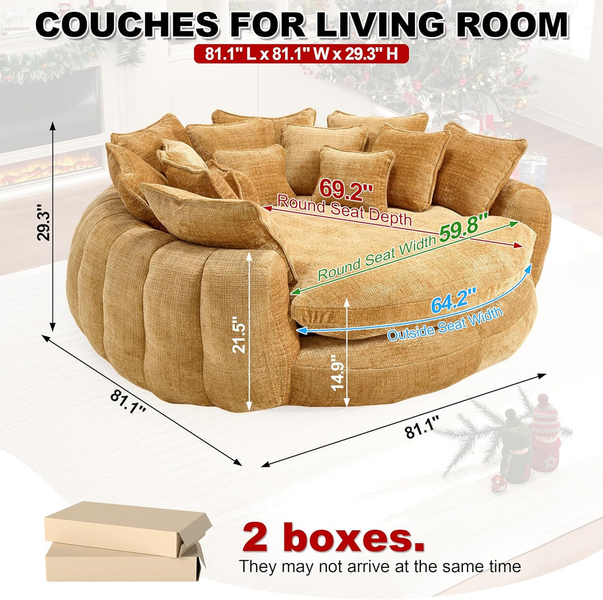 81.1" Oversized Round Chaise Lounge, Extra-Thick 14.9" Seat Wrap-Around Back Guard Spines In Open-Plan Loft, Villa,Game Den, Round Couch Family Find Movie-Night Stadium for 2+ Adults, Pets, Yellow