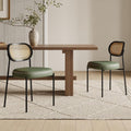 Rattan Dining Chairs Set of 4, Green Leather Upholstered Dining Chairs with Rattan Cane Back, Mid Century Modern Dining Room Chairs with Black Metal Legs & D-Shaped Thicken Cushion, Green